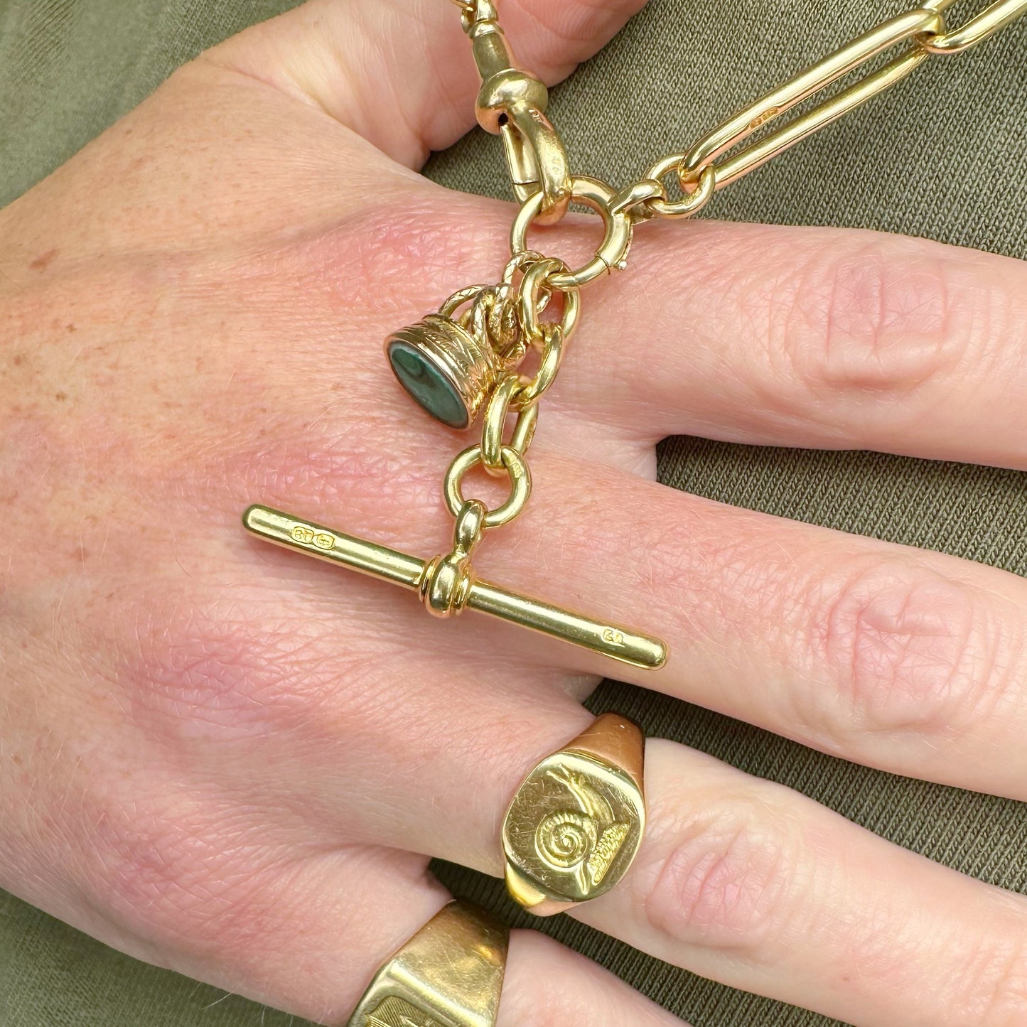 Antique 15ct gold & malachite snake fob