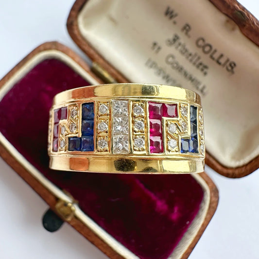 Vintage 18ct, diamond, ruby & sapphire ring
