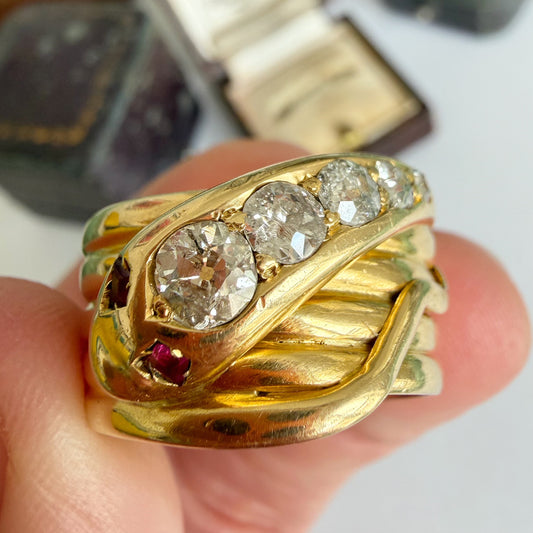 Victorian 18ct gold, ruby & old cut diamond snake ring