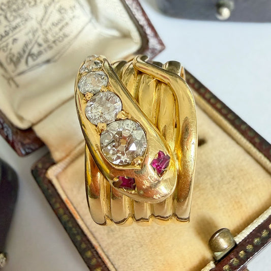 Victorian 18ct gold, ruby & old cut diamond snake ring