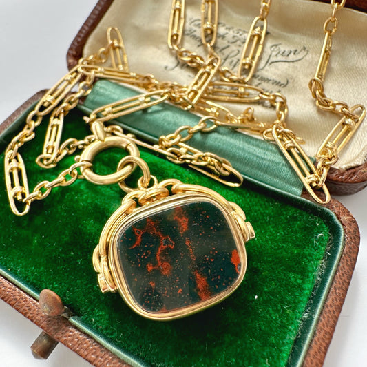 Antique 9ct gold, carnelian & bloodstone spinning fob