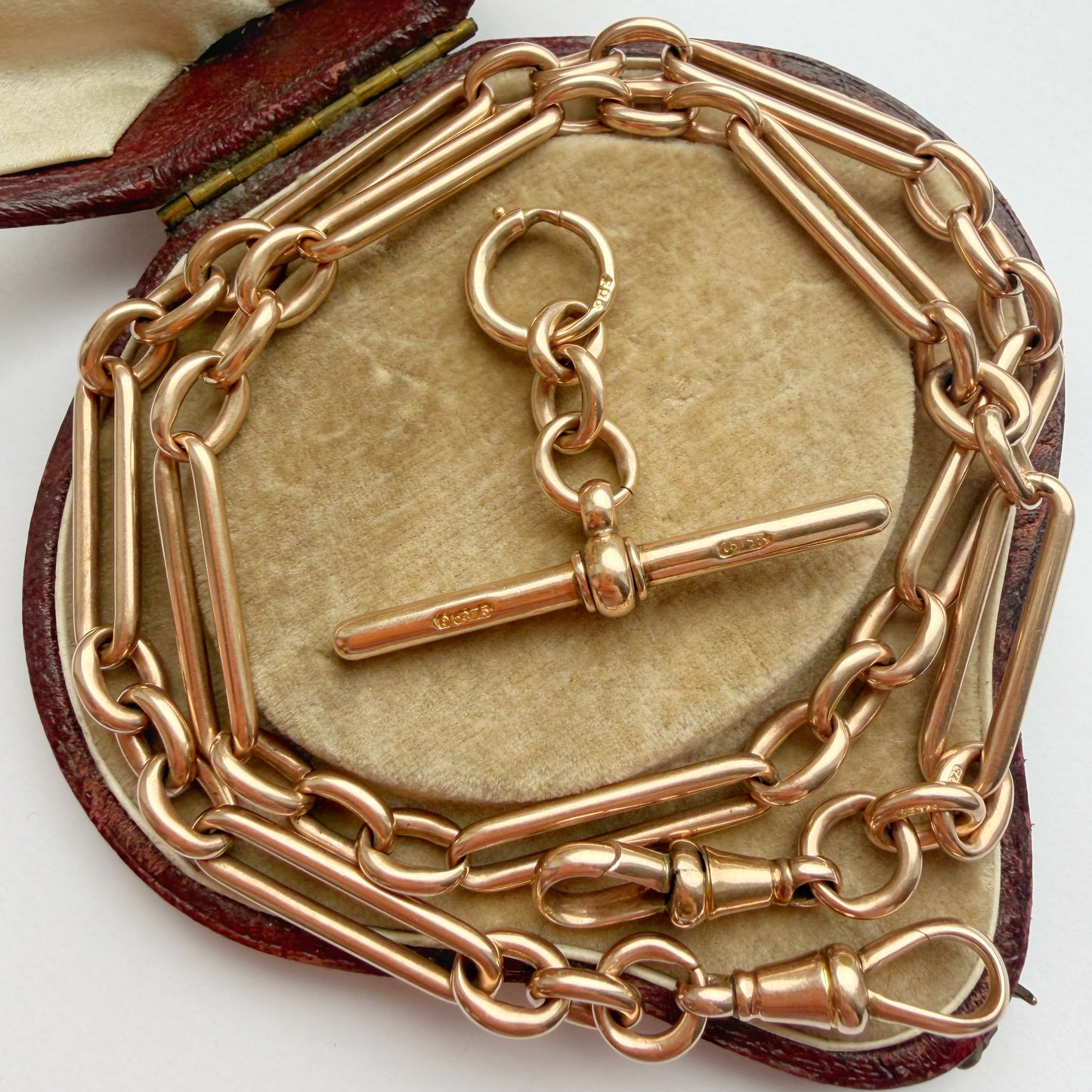 Antique 9ct rosy gold trombone link Albert chain