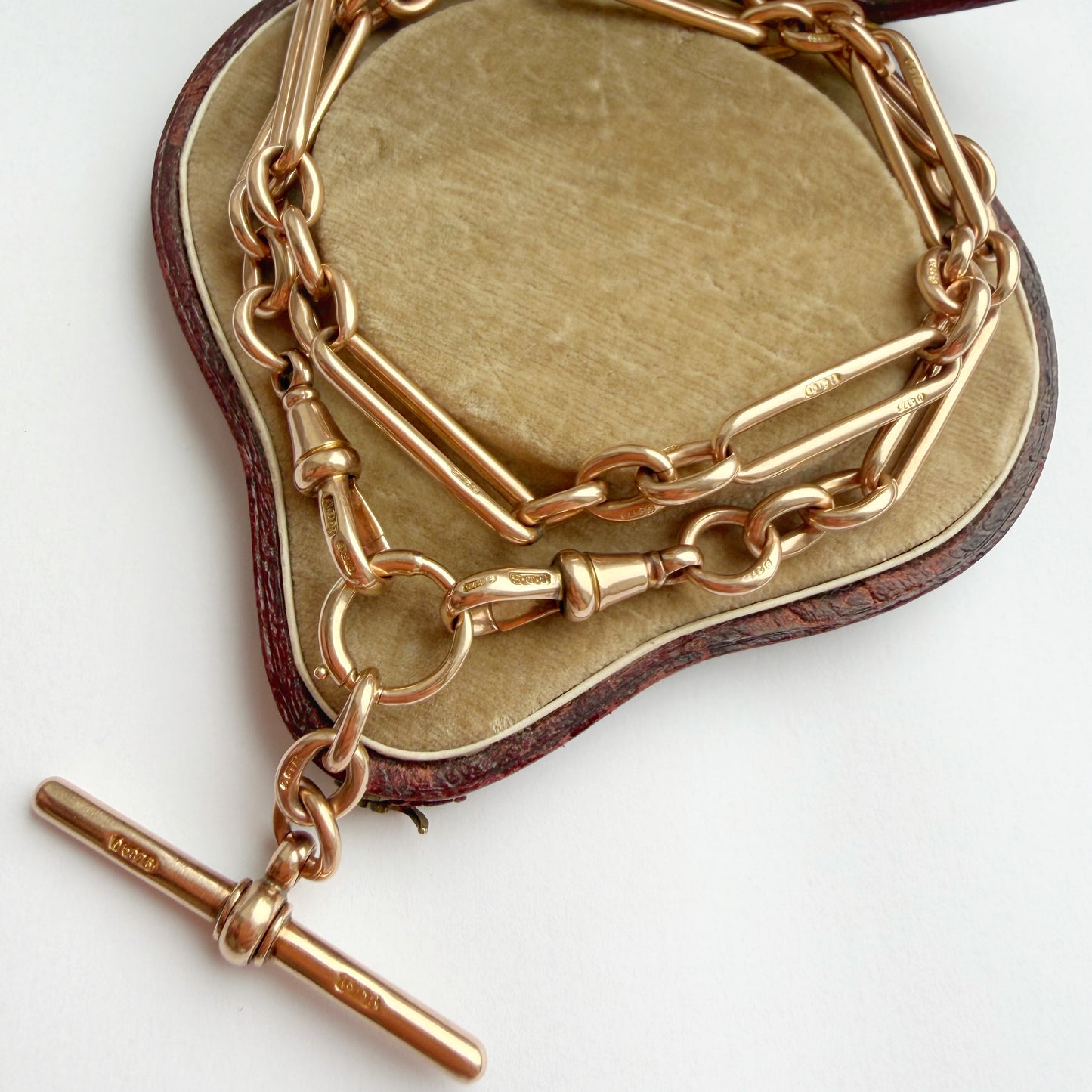Antique 9ct rosy gold trombone link Albert chain