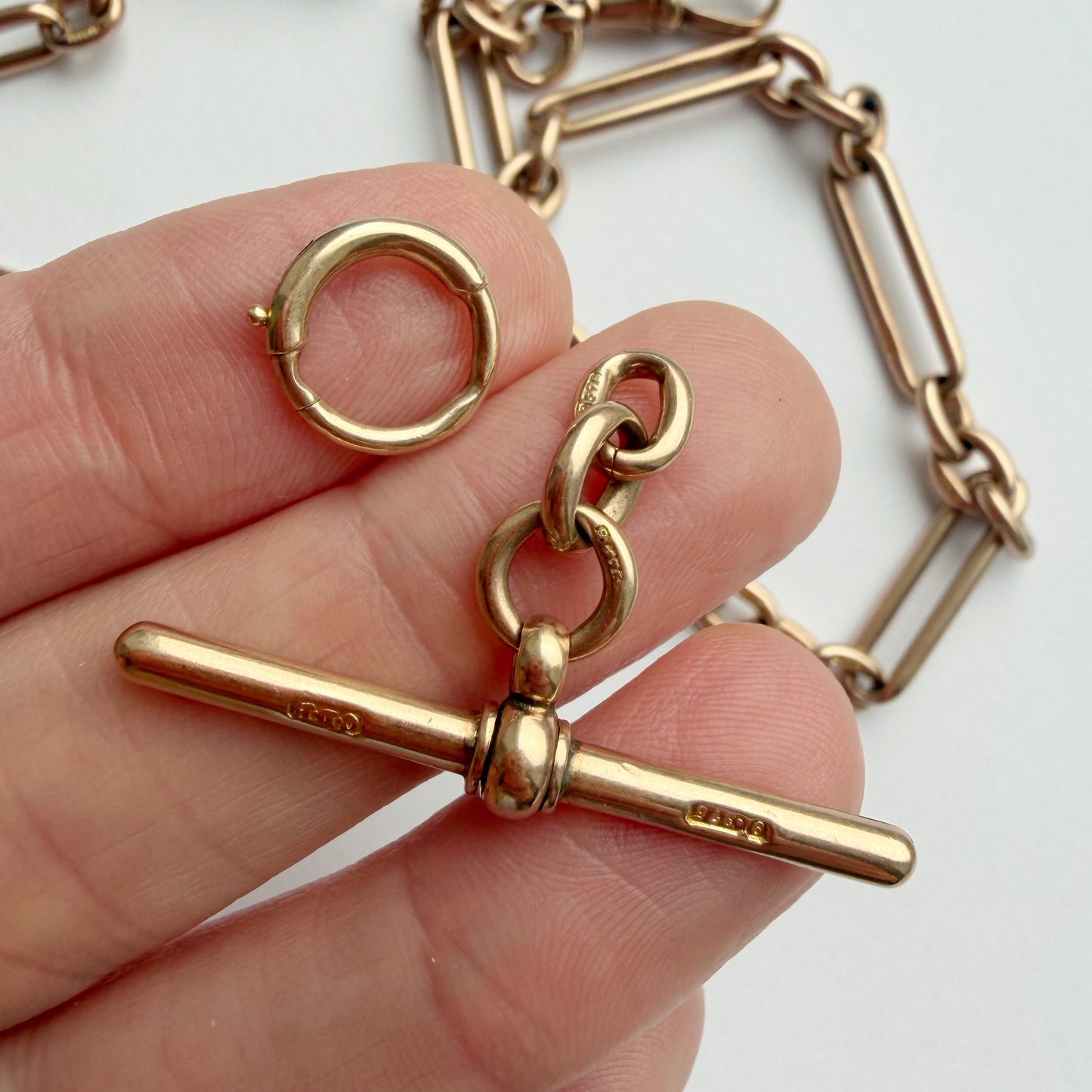 Antique 9ct rosy gold trombone link Albert chain