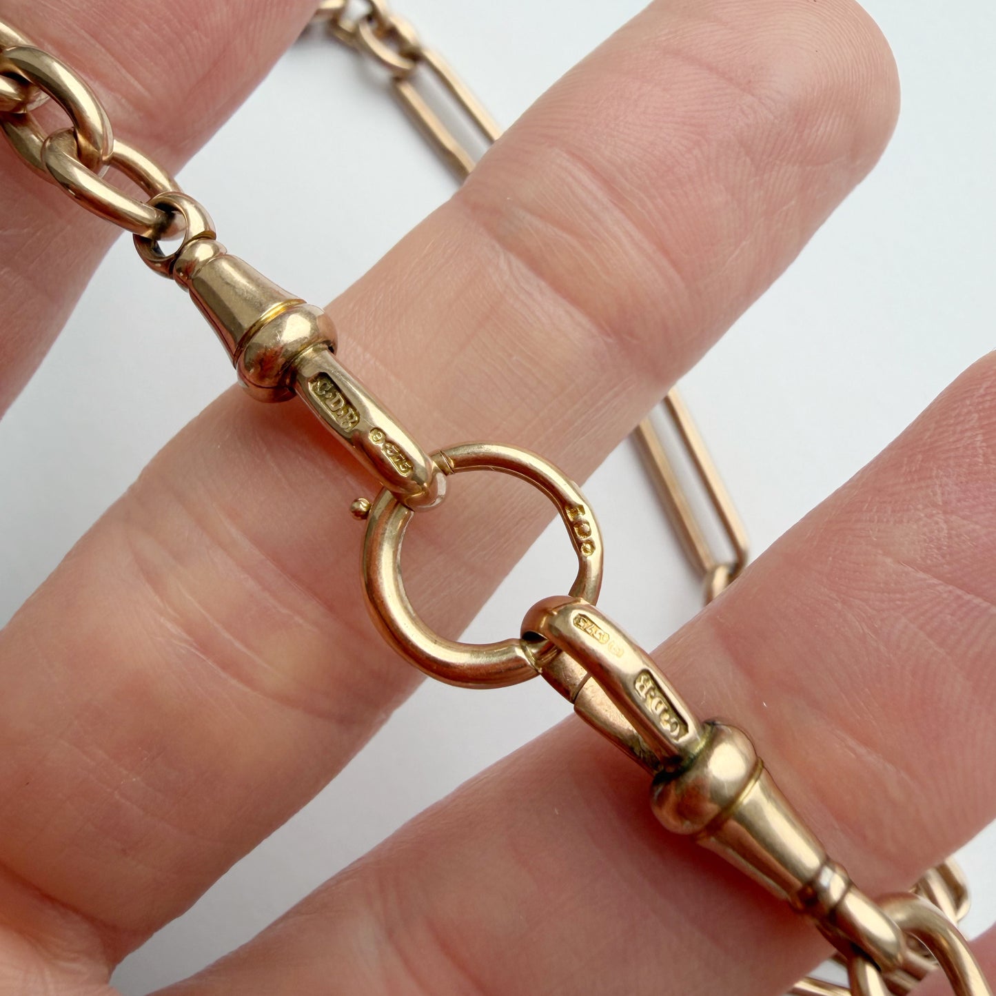 Antique 9ct rosy gold trombone link Albert chain