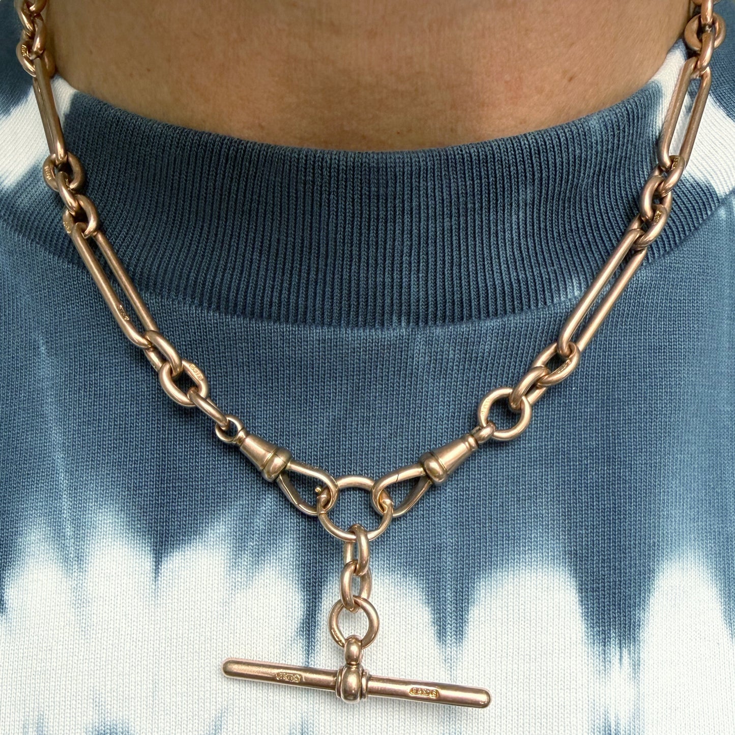 Antique 9ct rosy gold trombone link Albert chain
