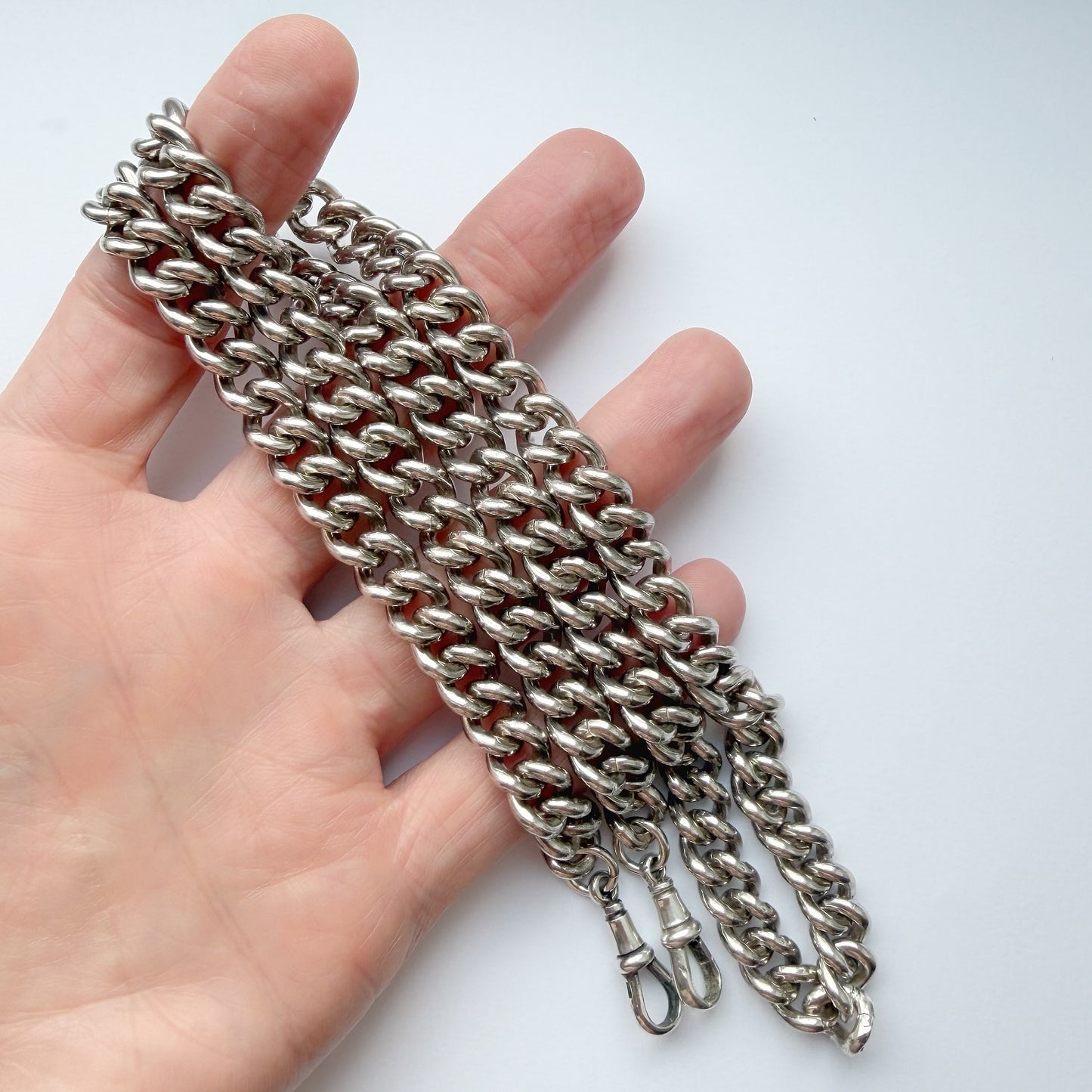 Chunky vintage silver curb chain with antique dog clips