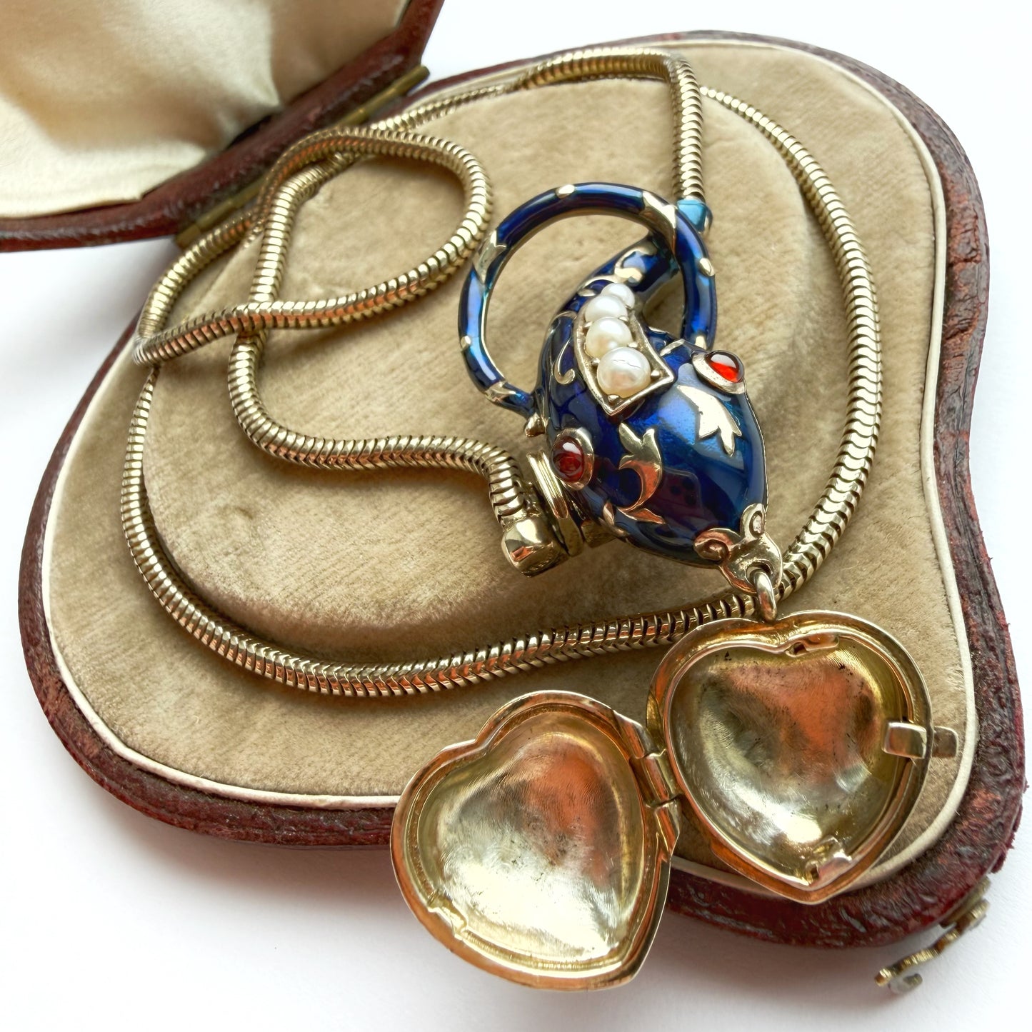 Art Deco silver gilt snake & heart locket necklace