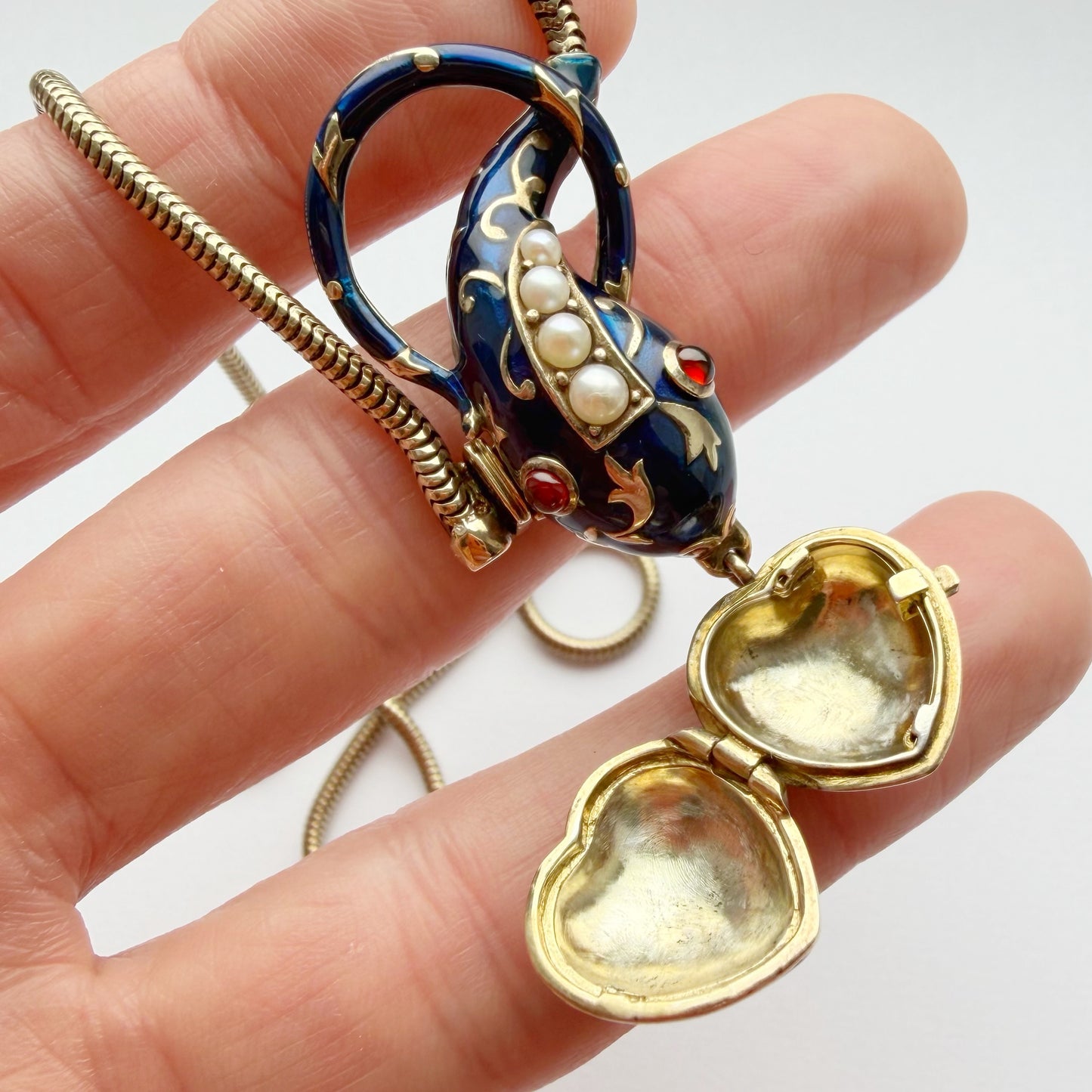 Art Deco silver gilt snake & heart locket necklace