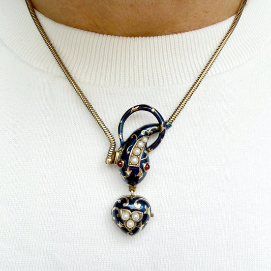 Art Deco silver gilt snake & heart locket necklace