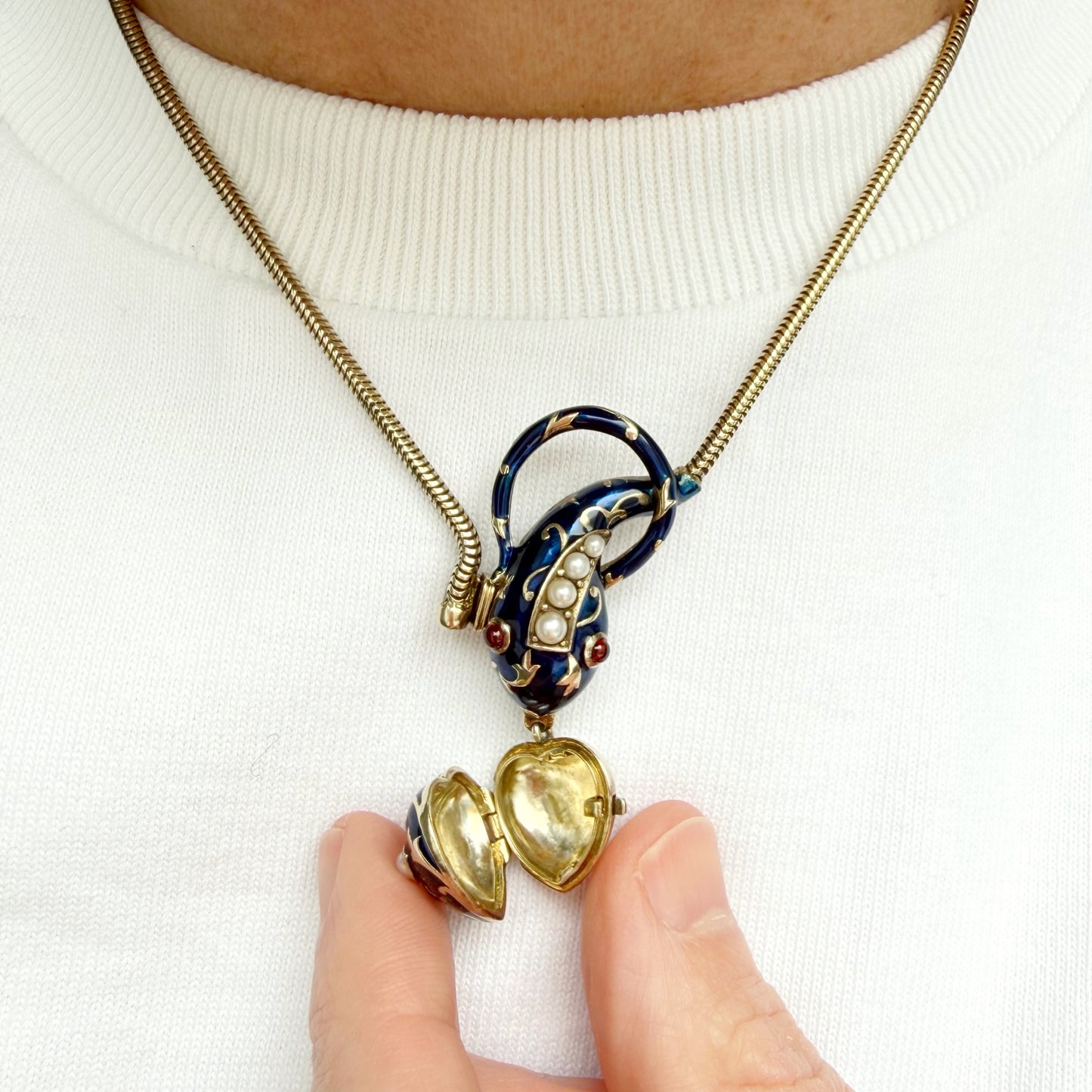 Art Deco silver gilt snake & heart locket necklace