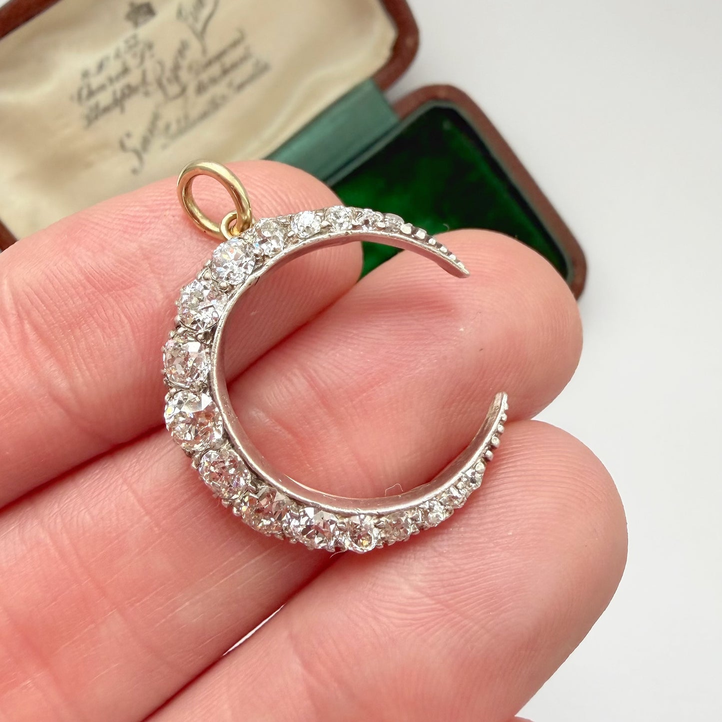 Antique 15ct gold, silver & old cut diamond crescent pendant
