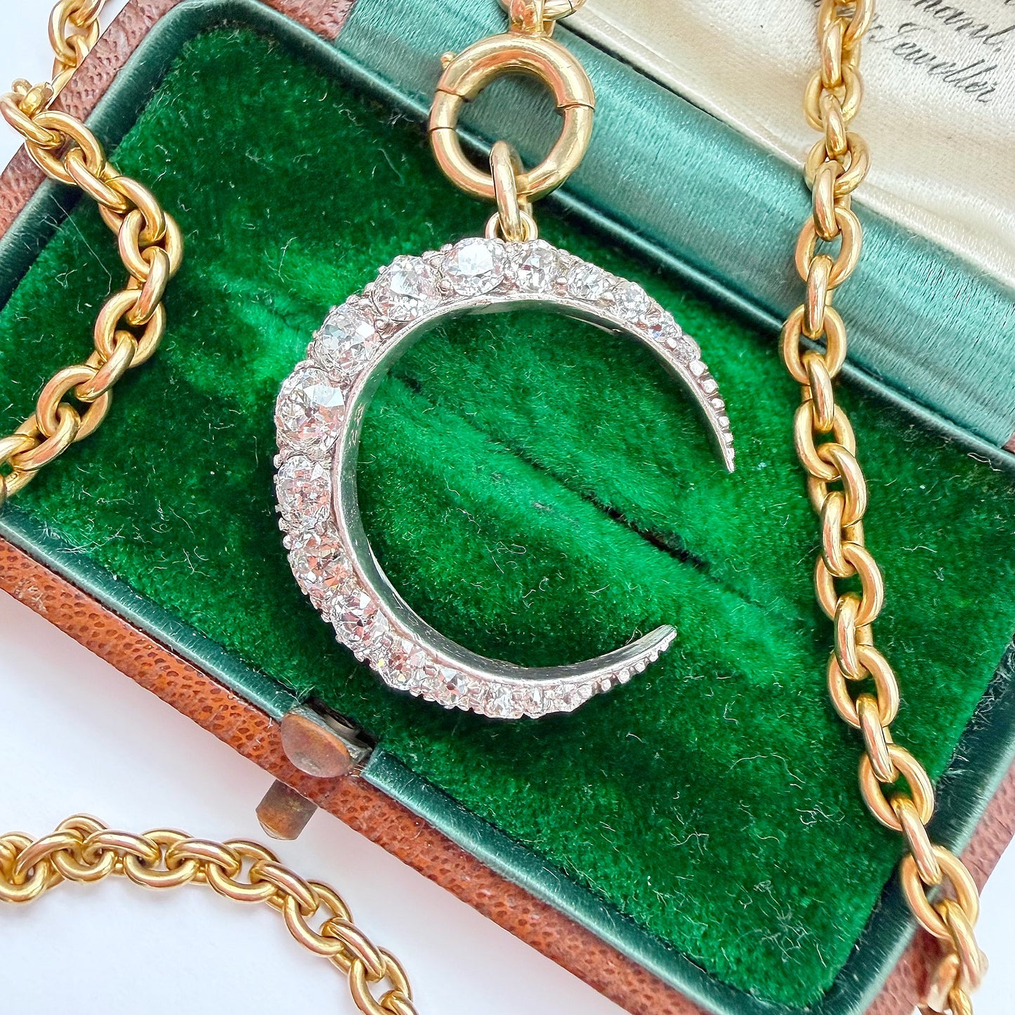Antique 15ct gold, silver & old cut diamond crescent pendant
