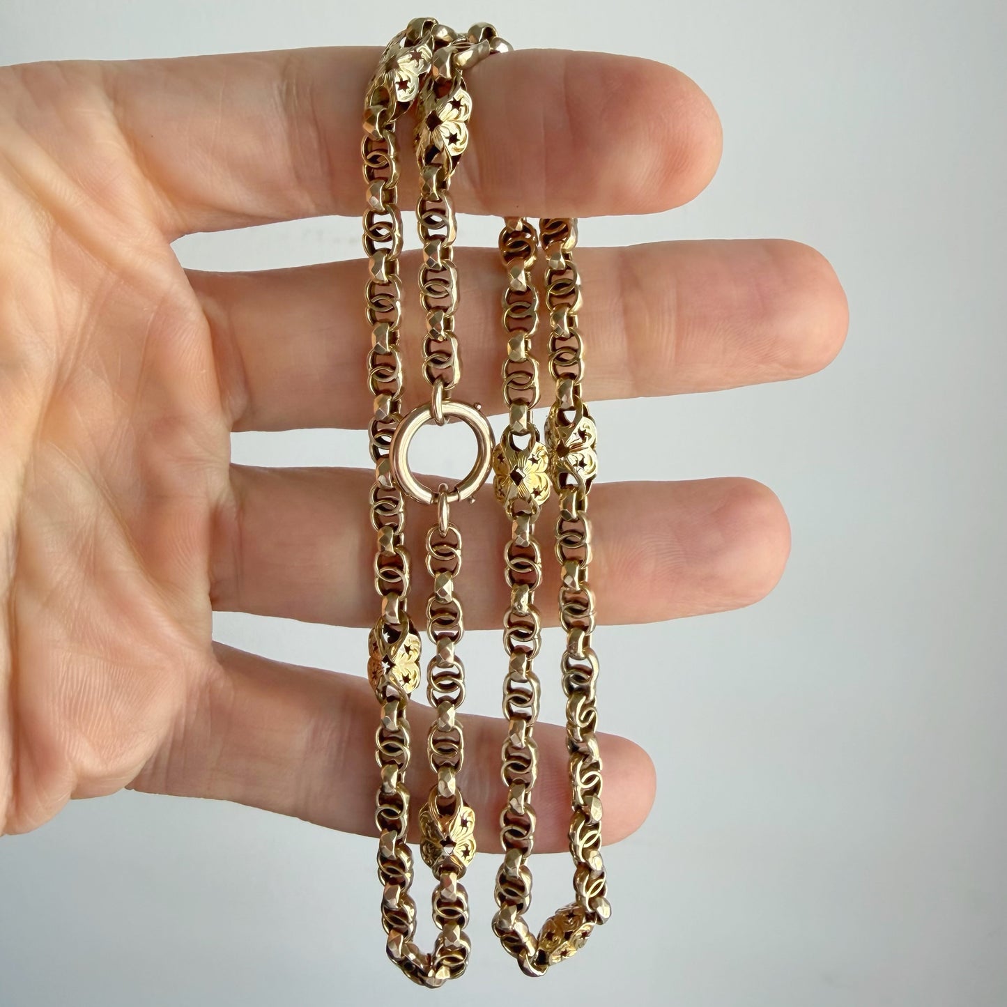 Antique 9ct yellow gold star link chain with bolt ring