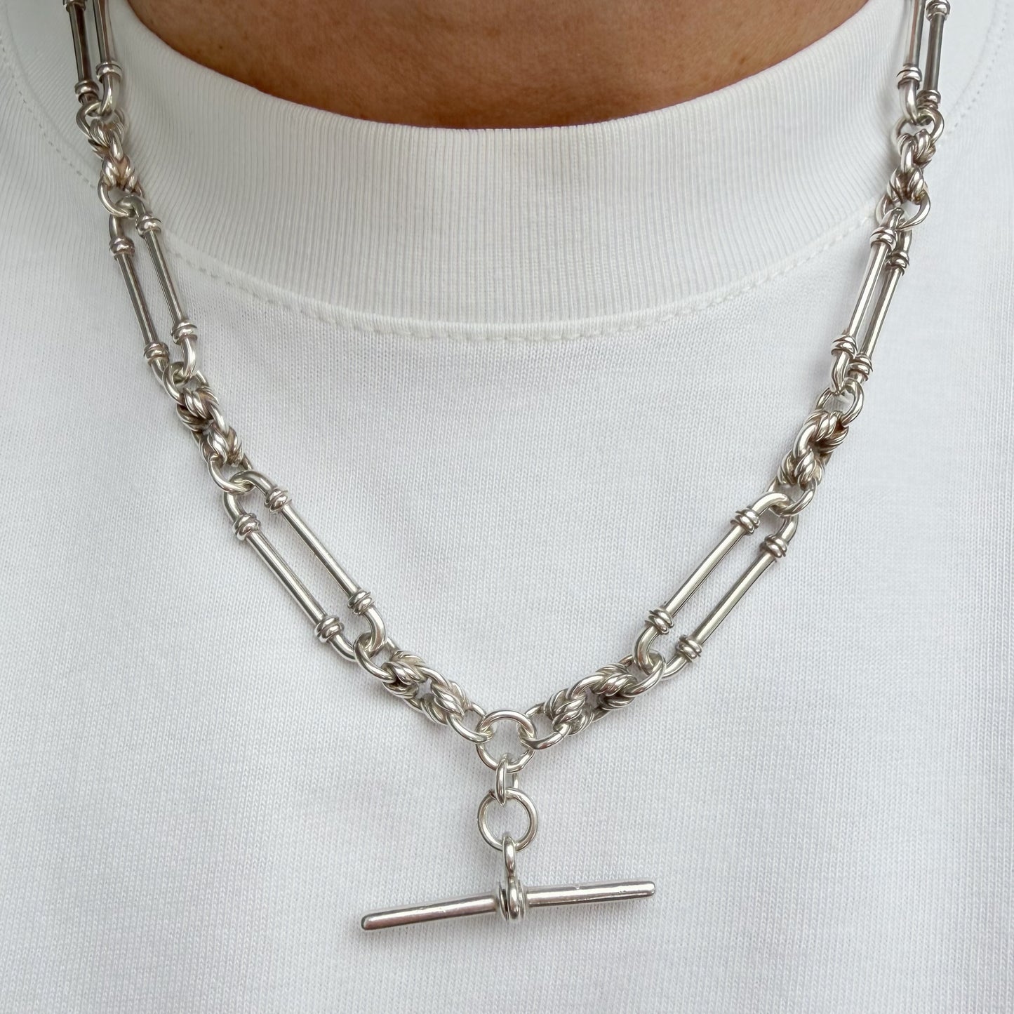 Antique silver trombone & lovers knot Albert chain