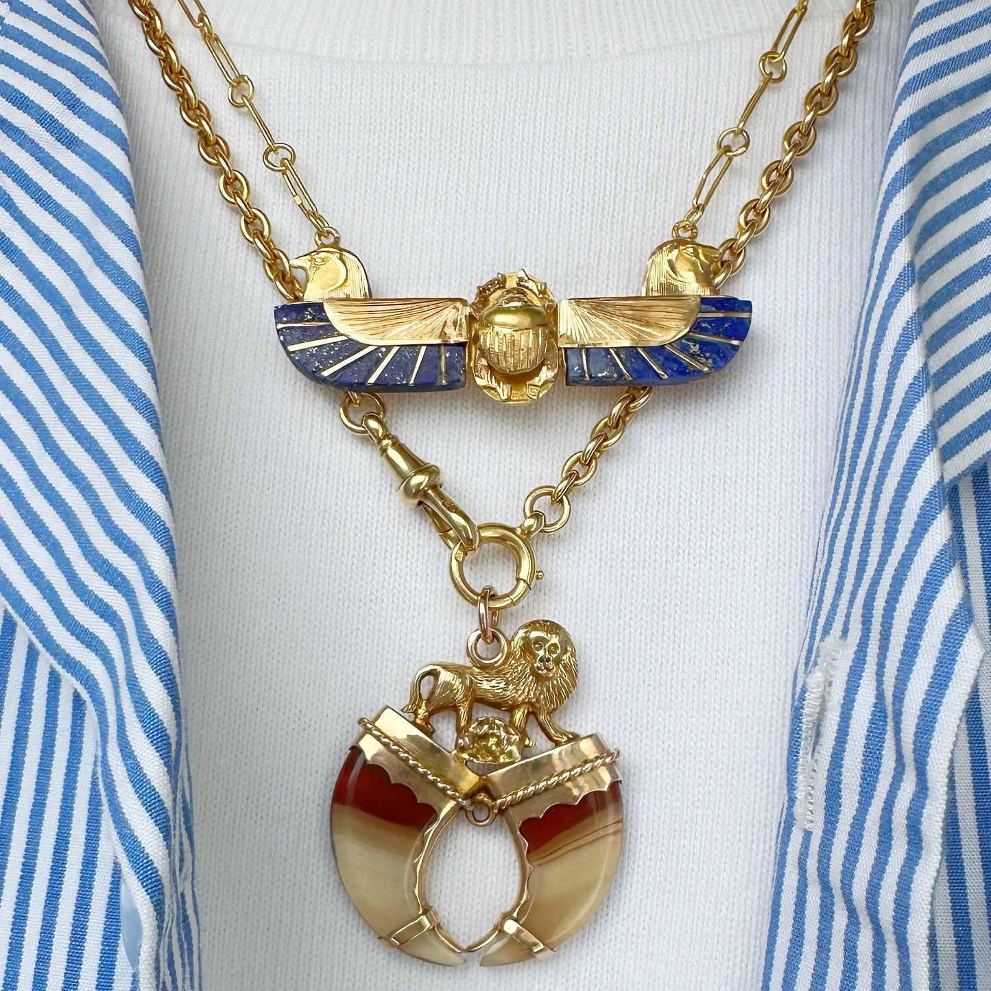 18ct gold & lapis lazuli winged scarab necklace