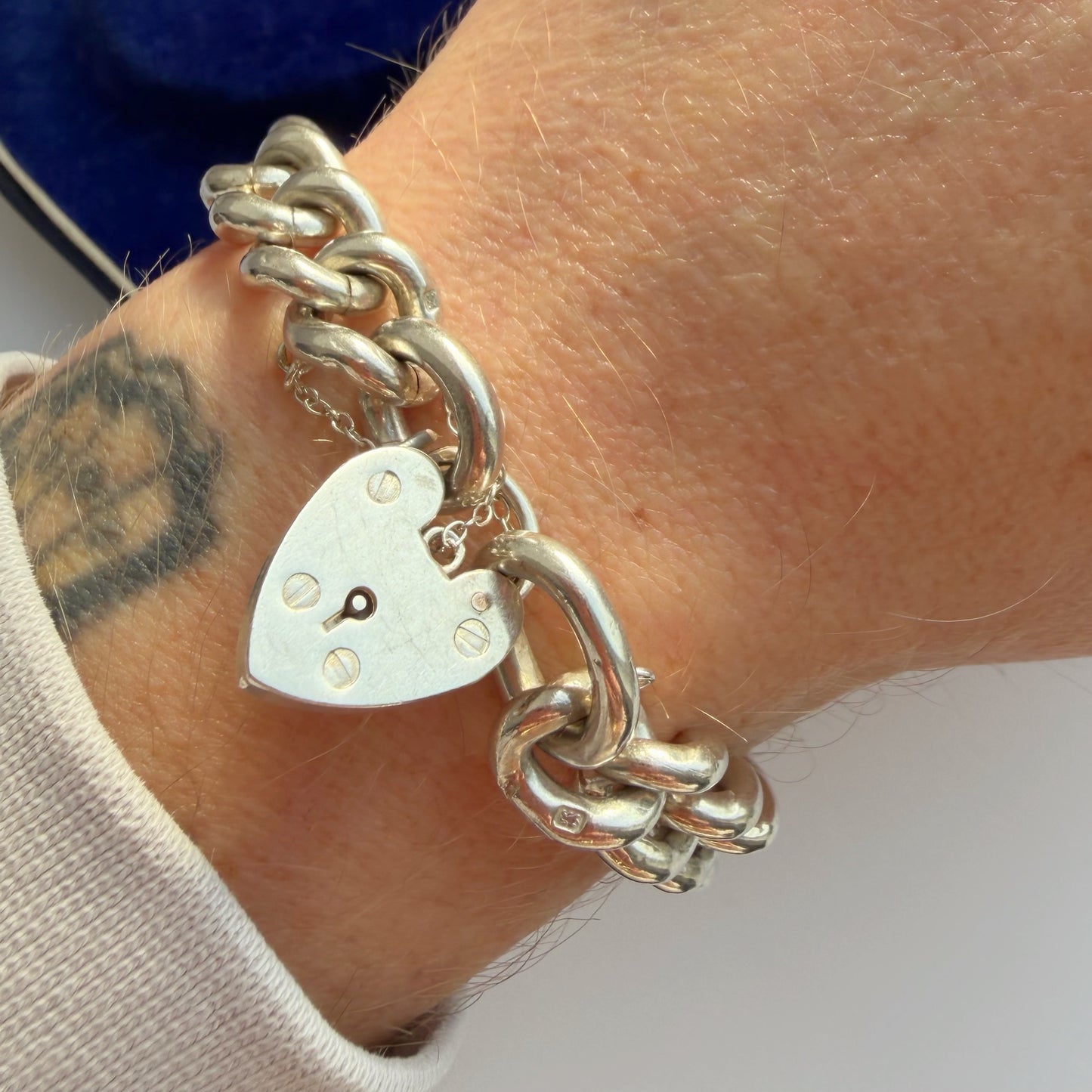 Vintage silver curb bracelet with heart padlock