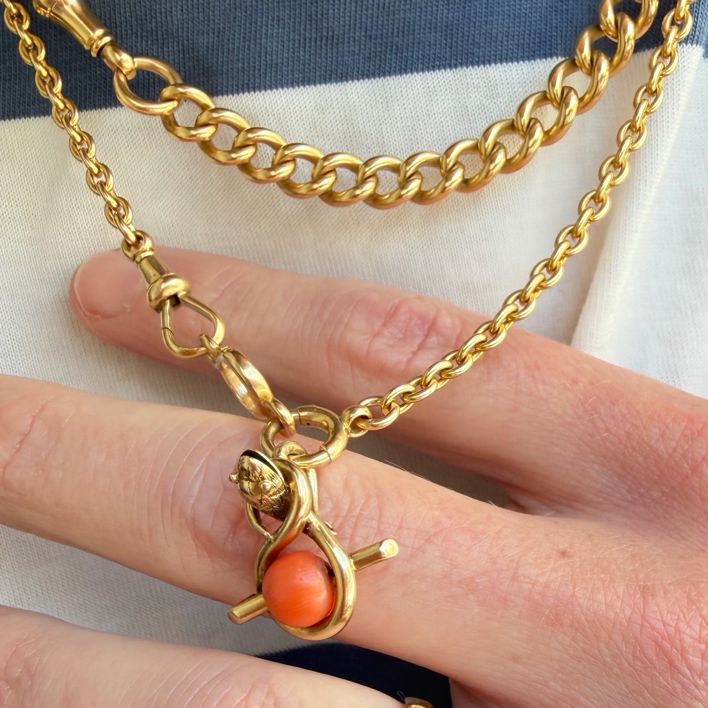 Victorian 15ct gold & coral snake charm