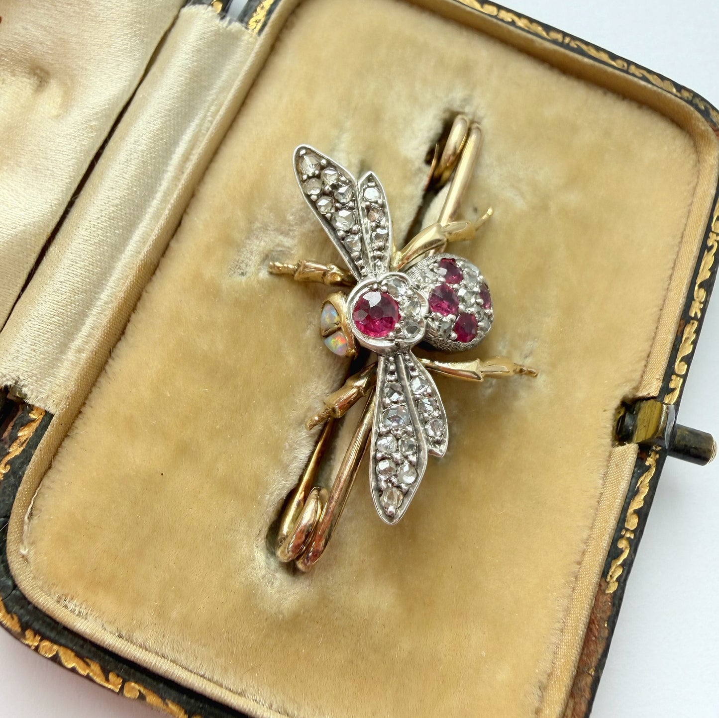 Antique 15ct gold, diamond, ruby & opal bee brooch