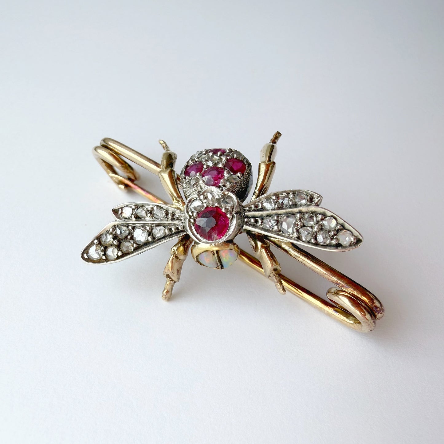 Antique 15ct gold, diamond, ruby & opal bee brooch