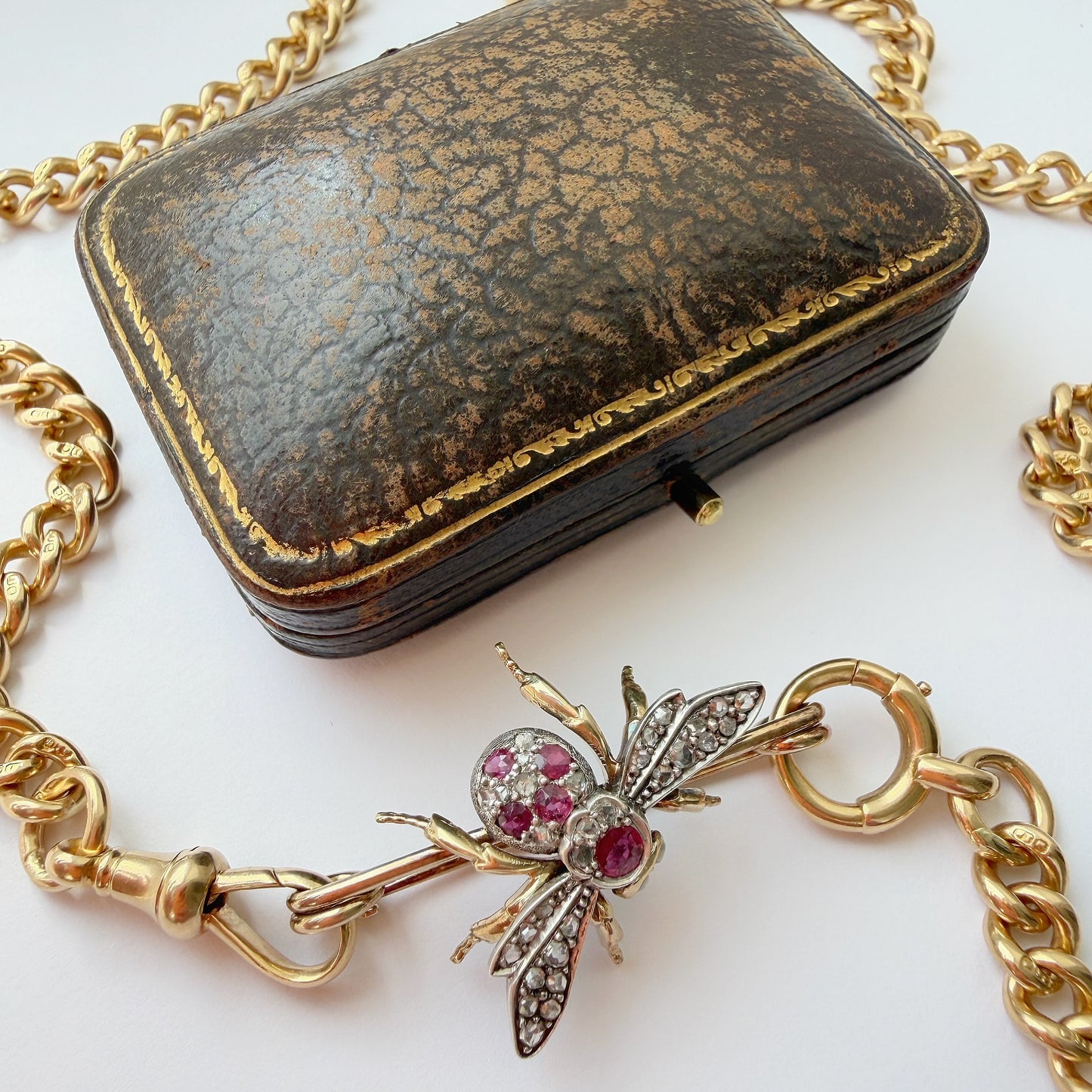Antique 15ct gold, diamond, ruby & opal bee brooch