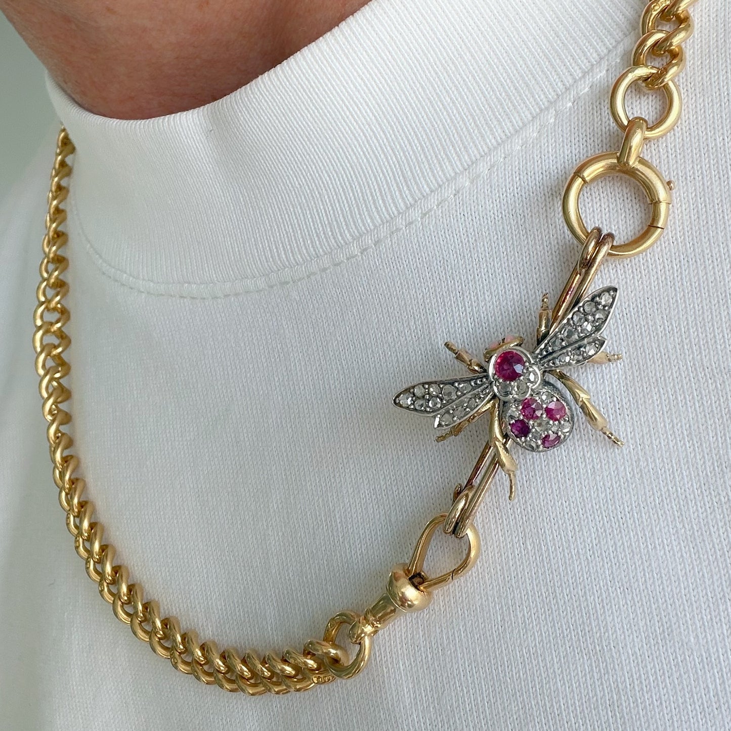 Antique 15ct gold, diamond, ruby & opal bee brooch