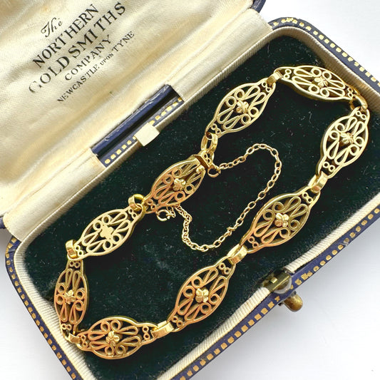 Antique French 18ct gold filigree lozenge link bracelet