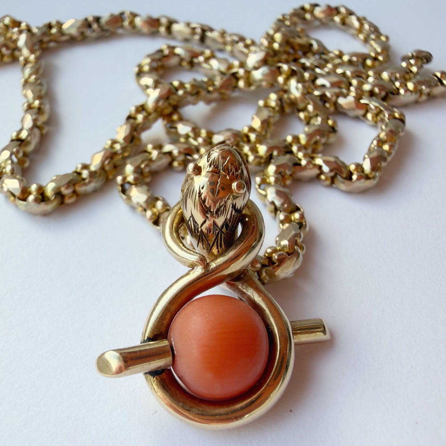 Victorian 15ct gold & coral snake charm