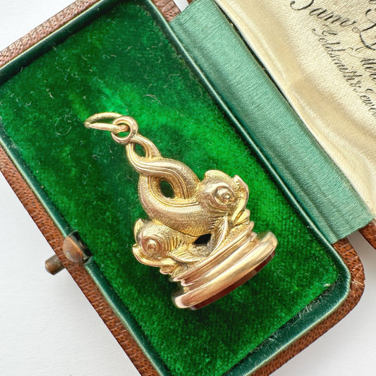 Antique 9ct gold & carnelian dolphin fob