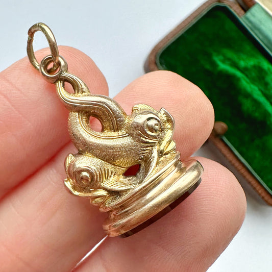 Antique 9ct gold & carnelian dolphin fob