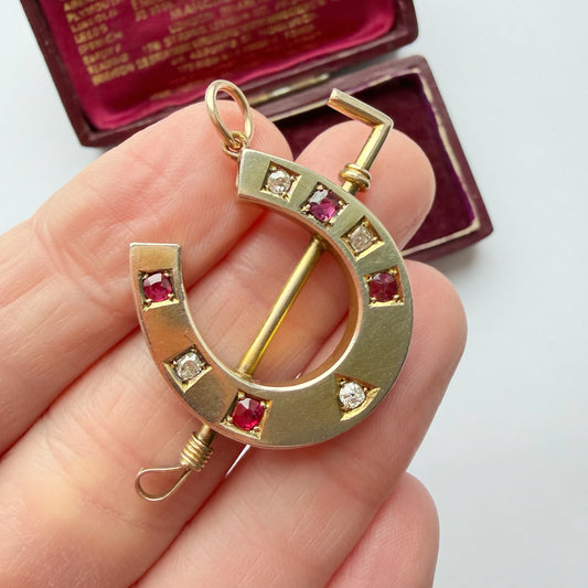 Large Victorian 9ct gold, ruby & old cut diamond pendant