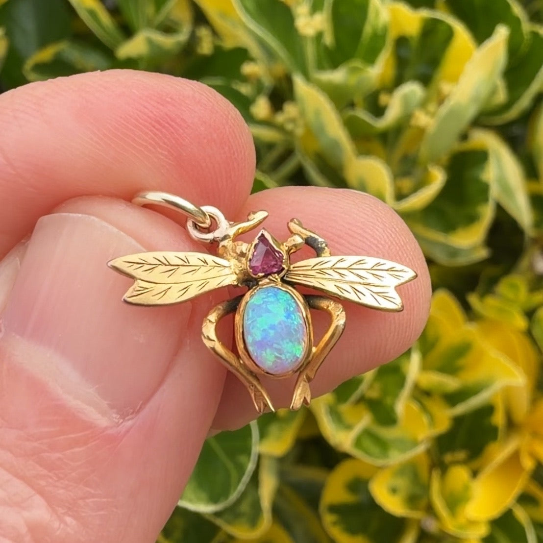 Antique 9ct/15ct, opal and ruby bug