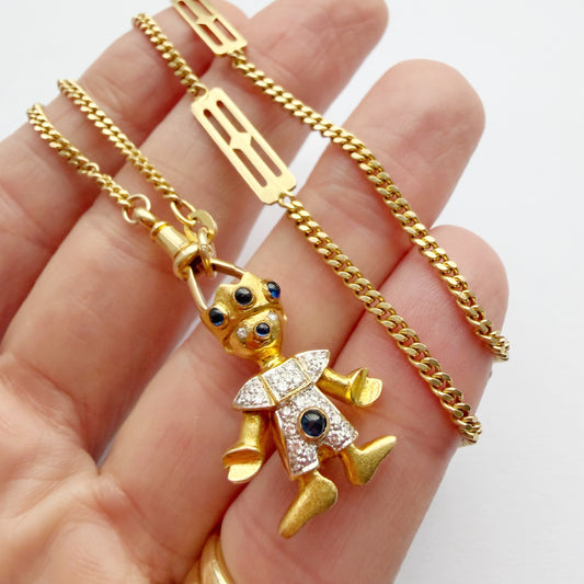 Vintage 18ct gold, diamond & sapphire Jumping Jack charm/pin