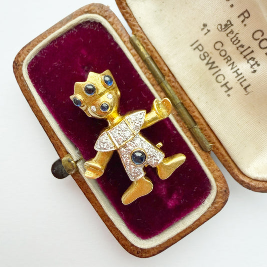 Vintage 18ct gold, diamond & sapphire Jumping Jack charm/pin