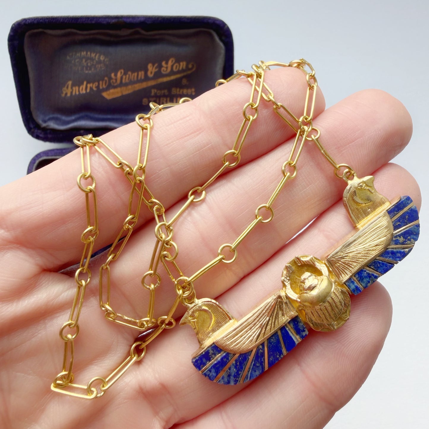 18ct gold & lapis lazuli winged scarab necklace
