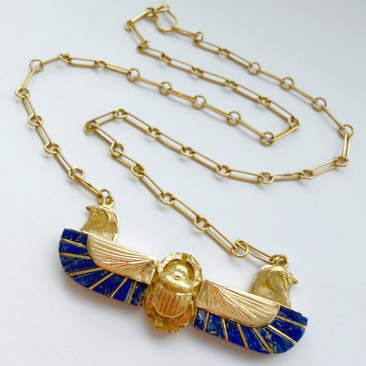 18ct gold & lapis lazuli winged scarab necklace
