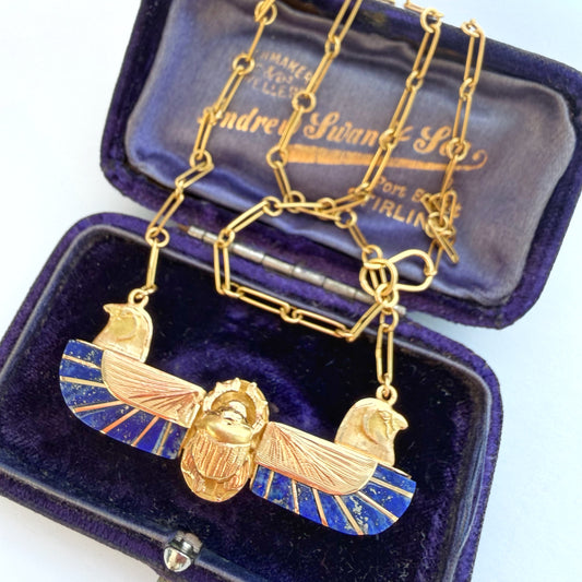 18ct gold & lapis lazuli winged scarab necklace